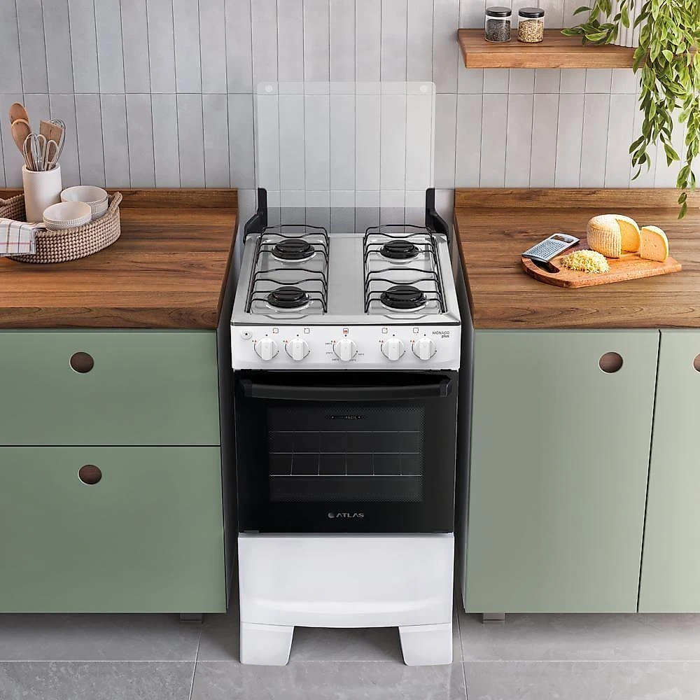 Fogão 4 Bocas Atlas Mônaco Plus Mesa Inox Bivolt Branco