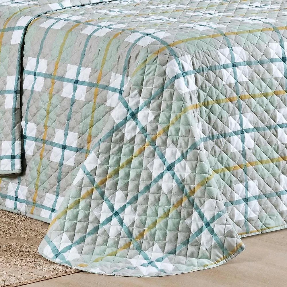 Kit cobre leito colcha belle queen estampado dupla face 400 fios 3 peças grid verde