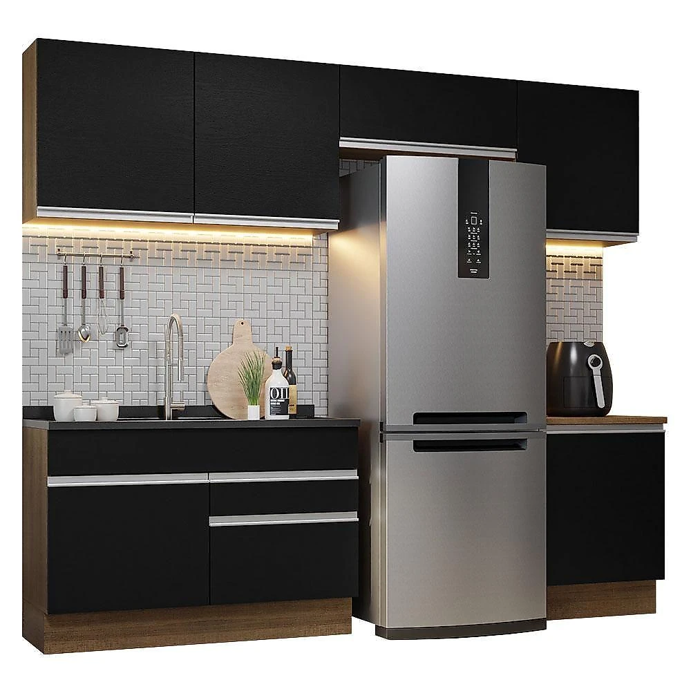 Armário De Cozinha 260Cm Rustic/Preto Glamy 05 Rustic/Preto