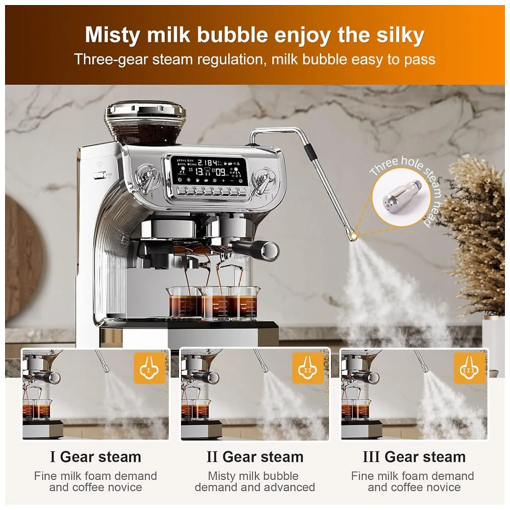 Máquina de Café Expresso Semi Automática 15 Bar com Moedor Embutido e Bocal de Leite, 110V 1450W, Mcilpoog TC520, Prata