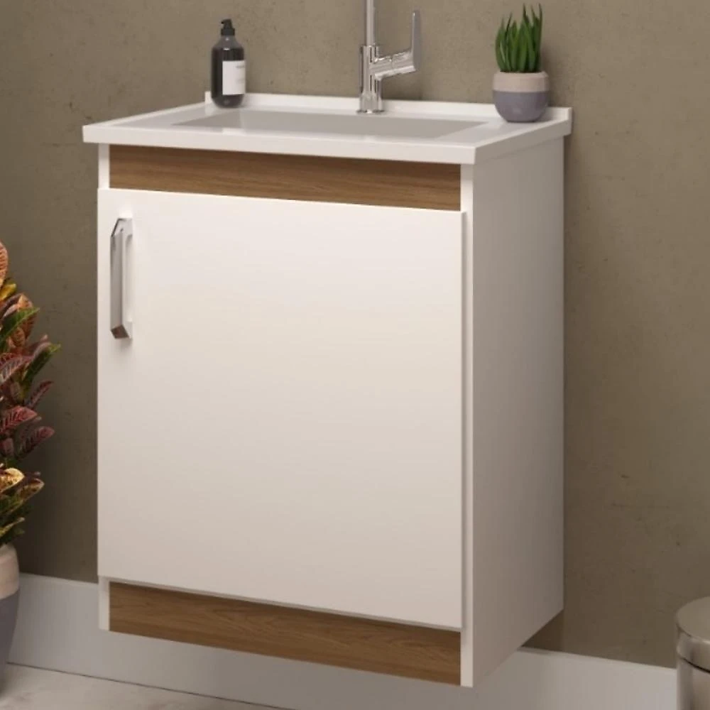 Conjunto Para Banheiro Gabinete Lavatório E Espelheira Cesana 50cm B06 Branco Carvalho - Lyam Decor
