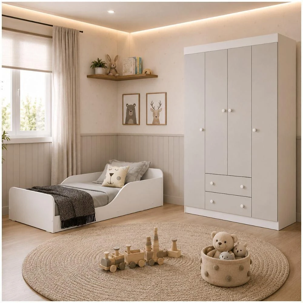 Conjunto de Quarto Encanto Guarda Roupa 4 Portas 2 Gavetas MDP-MDF 120CM Branco Multimóveis
