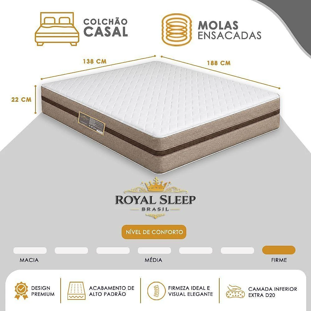 Cama Box com Baú Casal Bioclassic Molas Ensacadas Suede Bege Royal Sleep 138CM