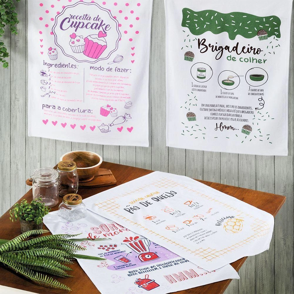 Kit 4 Pano de Prato Copa Kazzavip Sacaria Estampado Receitas 50cmx70cm Branco Lomaer