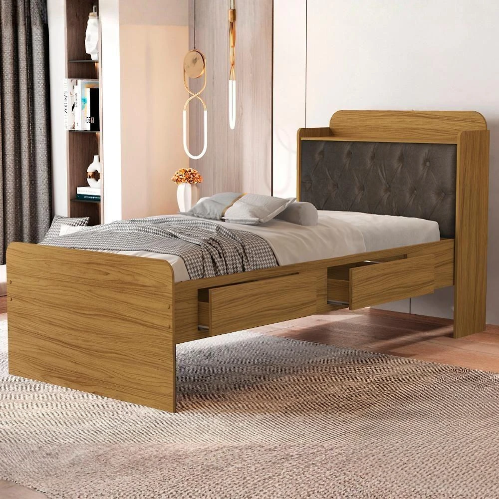 Cama Solteiro Baú Tamires com Gavetas Capitone em MDF Nature Nogal Milani Movelaria