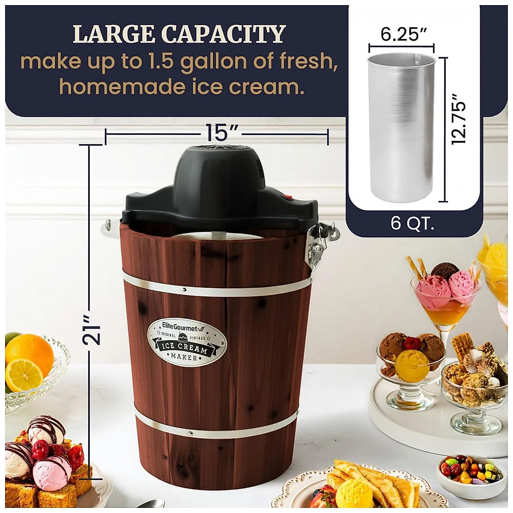 Máquina de Sorvete Elétrica Vintage Elite Gourmet EIM949 Old Fashioned de 5,67 Litros com Balde de Madeira de Nogueira, Funciona com Gelo e Sal Grosso Máquina de Sorvete Elétrica Vintage Elite Gourmet EIM949 Old Fashioned de 5,67 Litros com Balde de Madeira de Nogueira, Funciona com Gelo e Sal