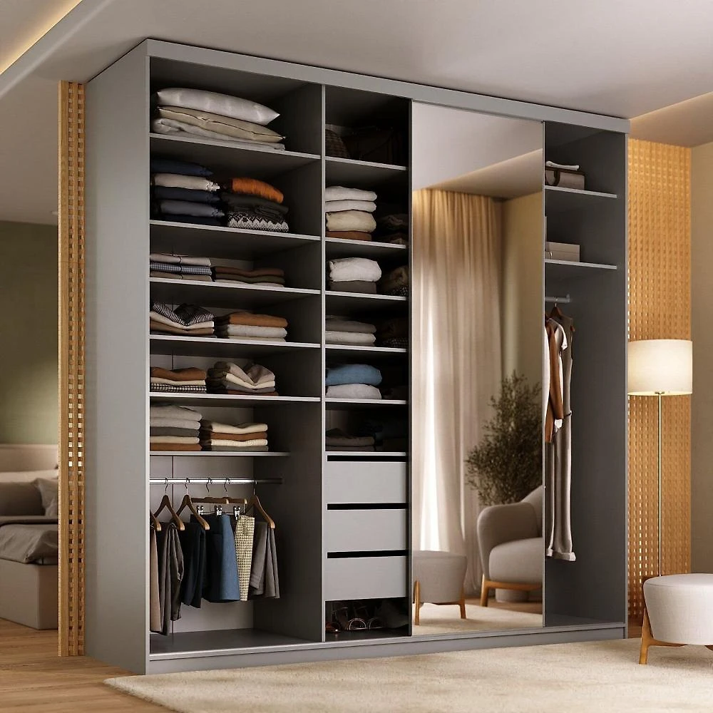 Guarda-roupa Closet Casal 100% Mdf Bp 208cm com 1 Porta Espelho 3 Gavetas Sion