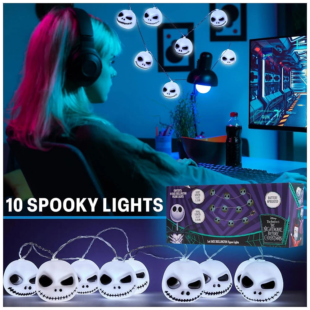 Luzes de Fada LED Disney The Nightmare Before Christmas Jack Skellington, 10 Luzes, 165 cm, Pilhas AA, Decoração Natalina