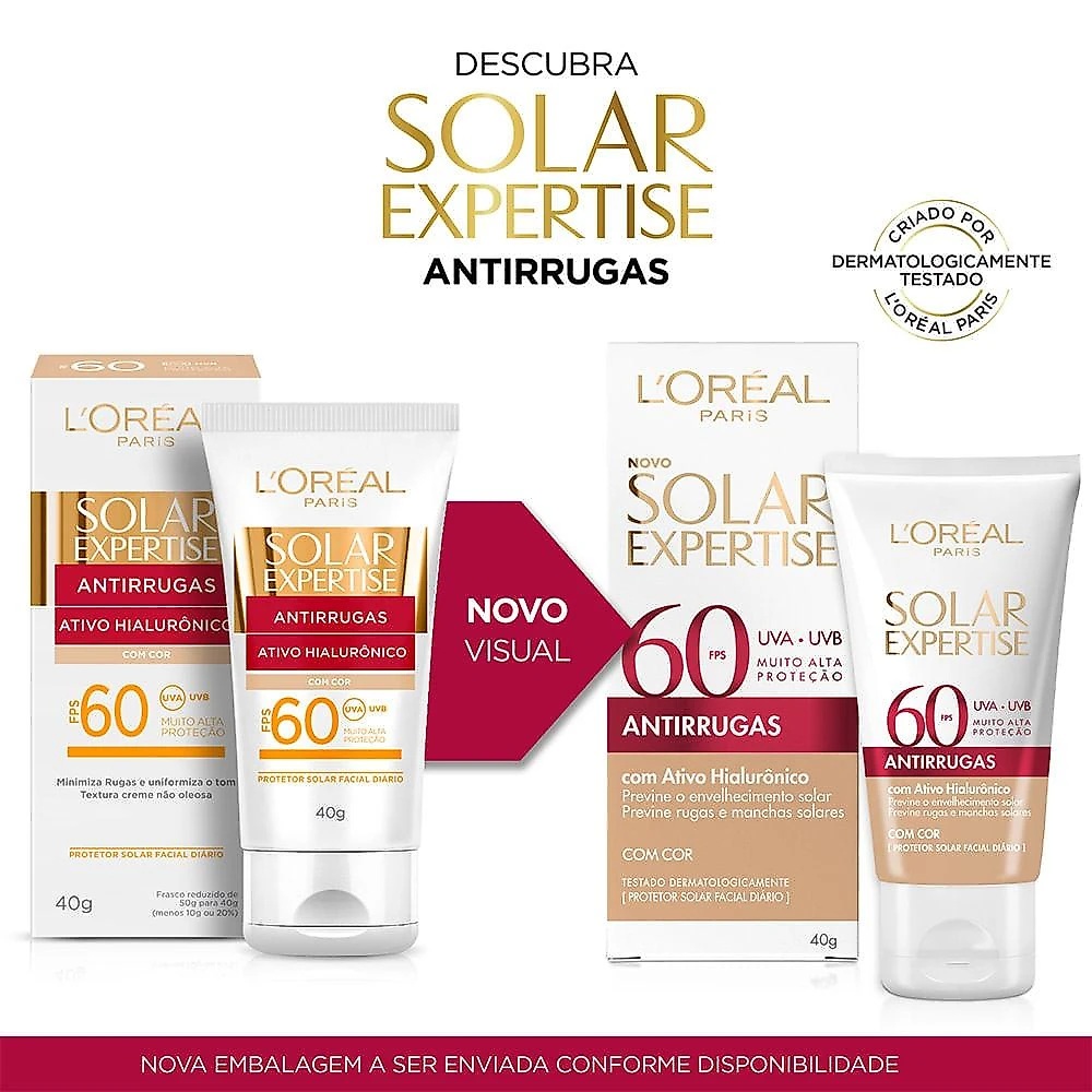 Protetor solar facial l'oréal paris solar expertise antirrugas com cor fps60 40g