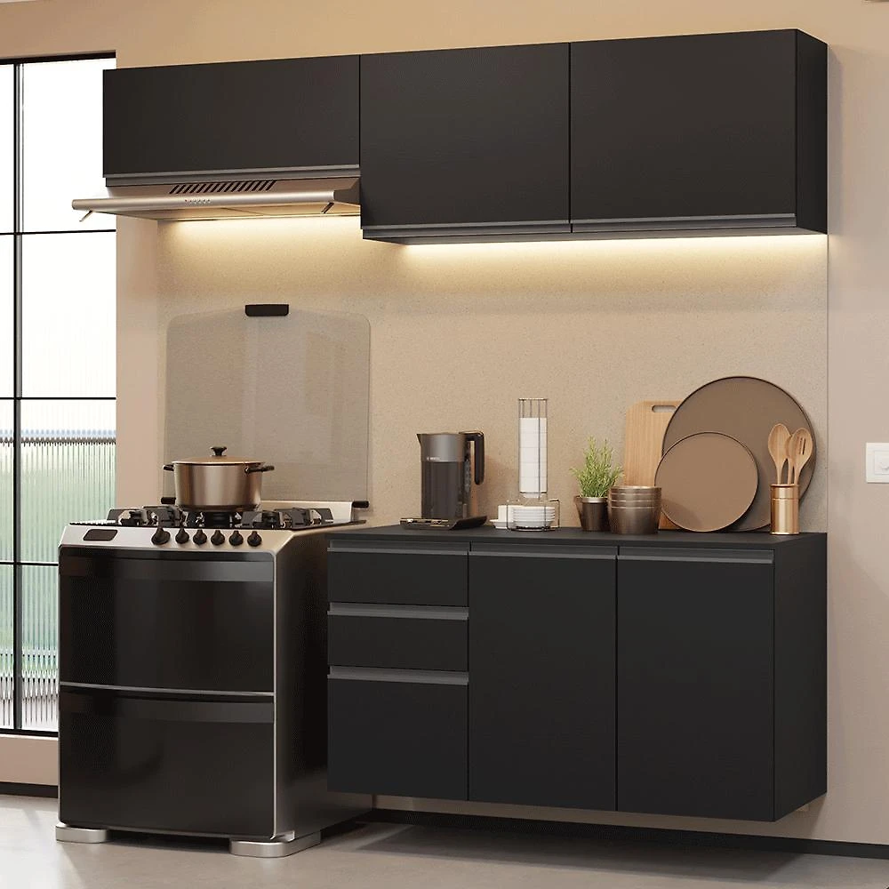 Armário de Cozinha Compacta 200 cm Suspenso Preto Nice Madesa 05