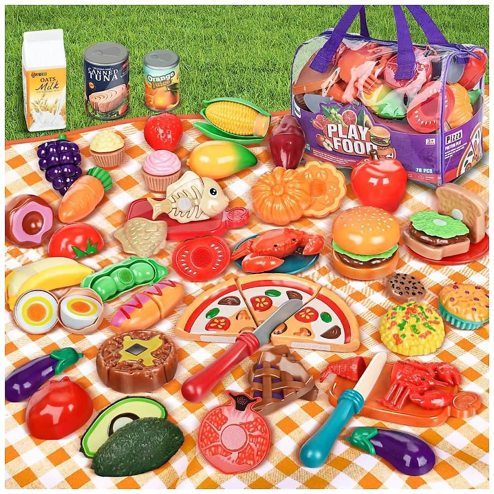 Comida de Brinquedo 78 Peças Com Sacola – Kit Cozinha Infantil Com Frutas, Legumes E Pizza.Laugigle.