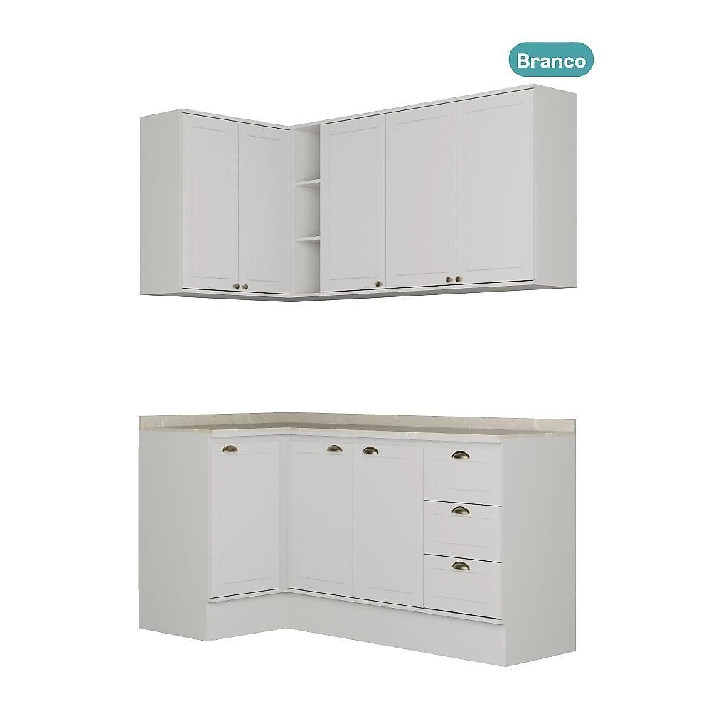 Cozinha Milla Bee Fit 8 Portas 3 Gavetas MDF 265CM Branca com Puxadores Dourados Móveis Carraro