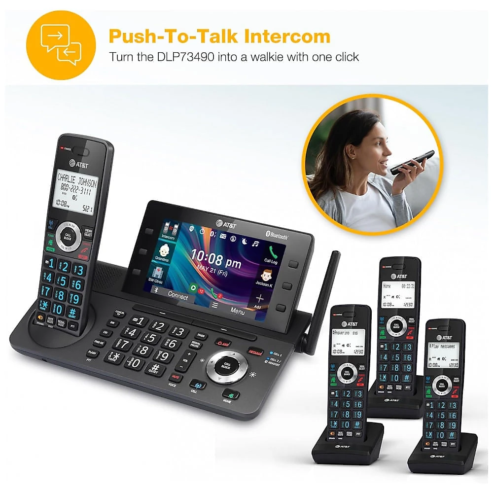 Telefone Sem Fio AT&T DLP73490 Grafite/Preto 4 Handsets DECT 6.0 com Tela Colorida 5", Bloqueador Inteligente, Connect to Cell Bluetooth