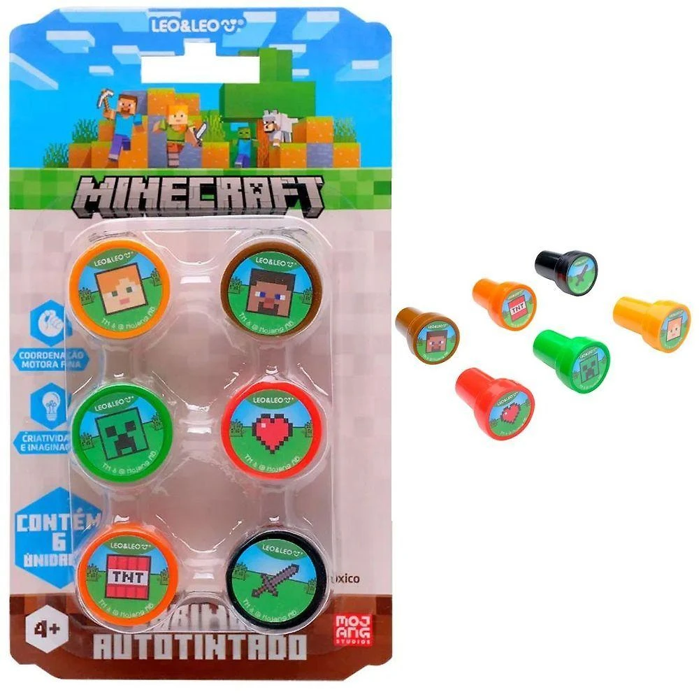 Carimbo Autotintado Infantil Leo & Leo Minecraft Decorado Blister com 6 Unidades Cores Variadas