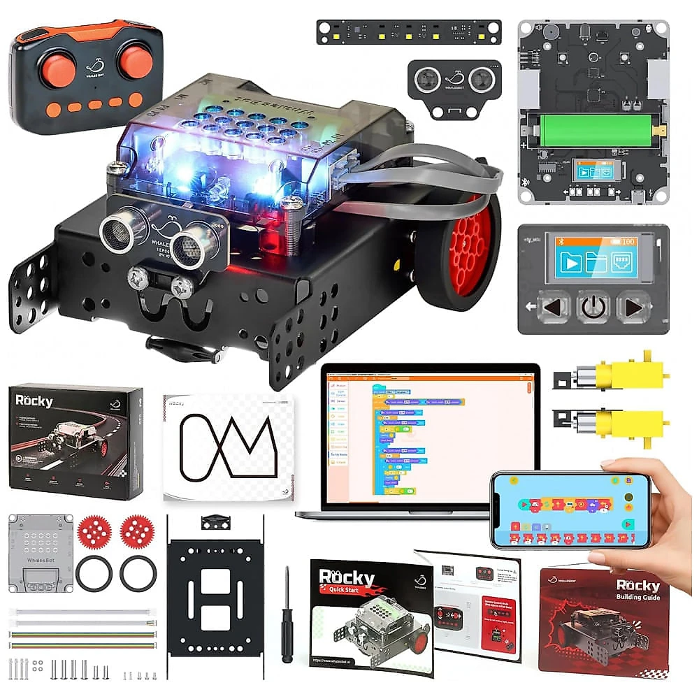 Kit STEM WhalesBot Rocky Smart Robot Car com Câmera FPV – Robô Programável com Scratch/Python/C e Controle Remoto, 8–16 anos
