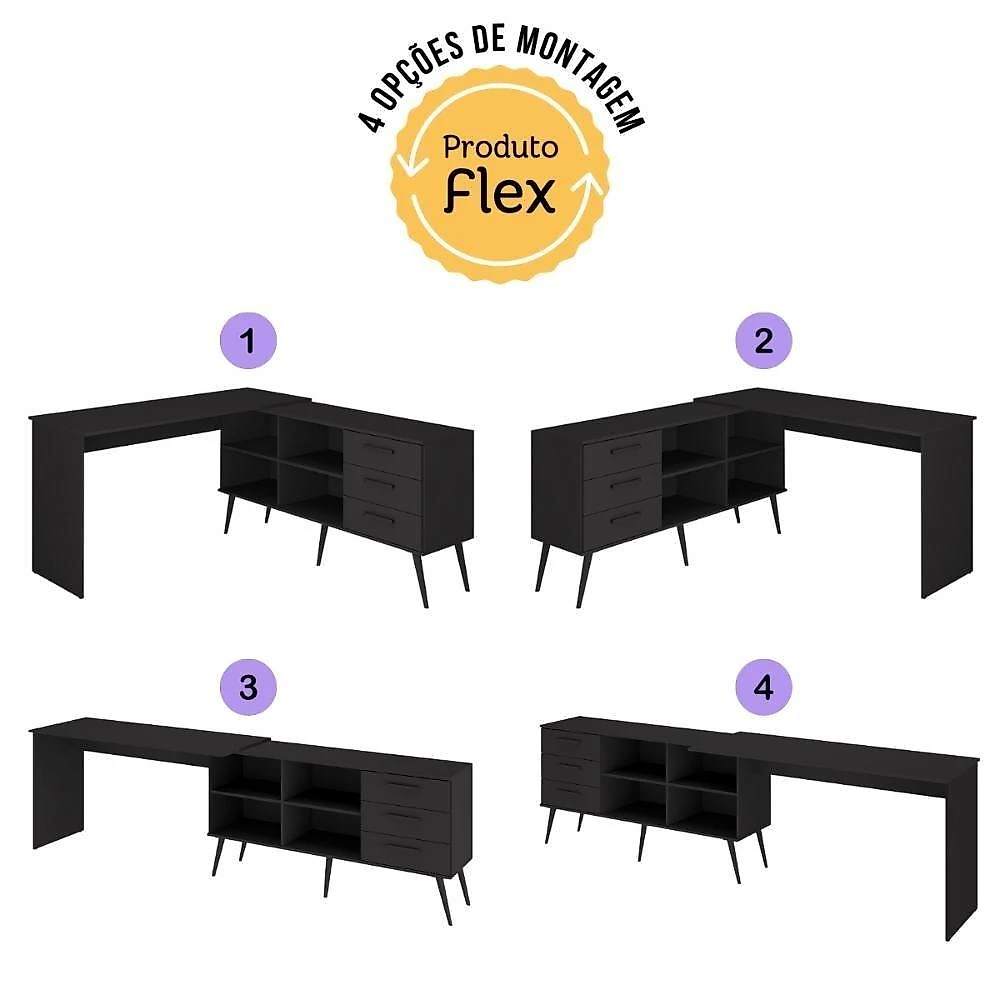 Mesa De Manicure Profissional Em L Com 3 Gavetas Jady Multimóveis Mp6041 Preto