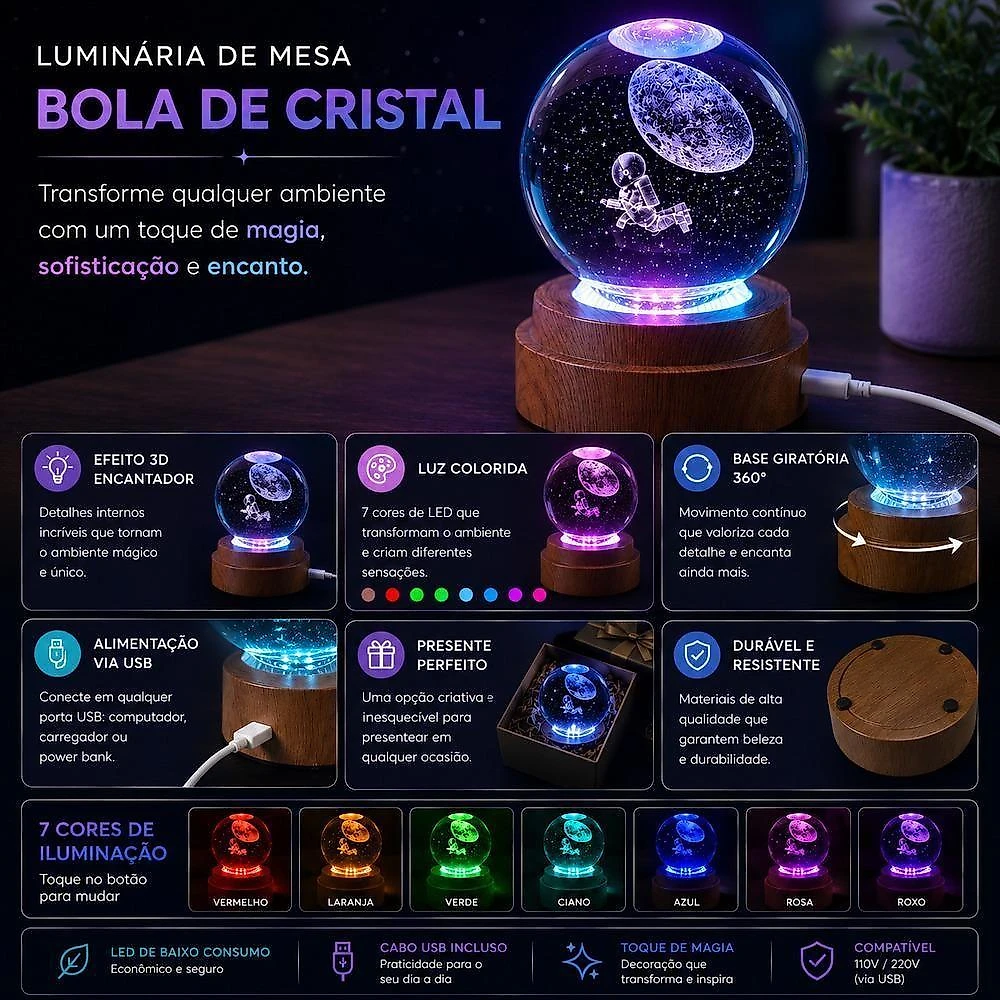 Luminária Infantil Astronauta Globo 3D com LED RGB Giratória Branco Yeet