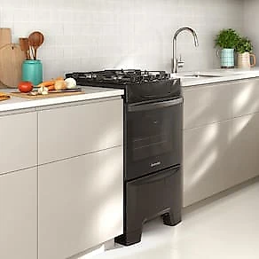 Fogão Continental 4 Bocas FC4GB Preto Mesa de Vidro Forno Eco Turbo Grades de Ferro Fundido Bivolt