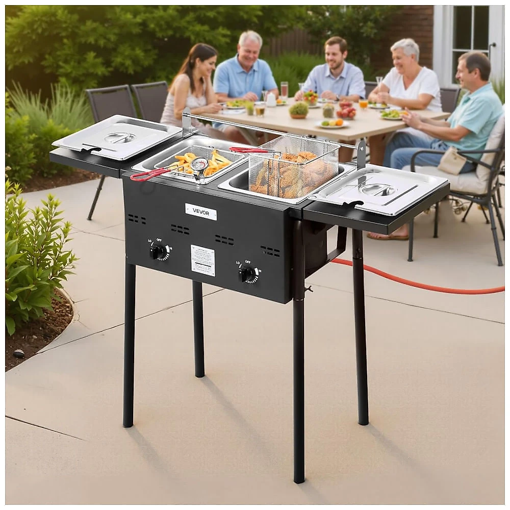 Fritadeira a Gás Outdoor VEVOR Dupla Inox 18L 2 Cestos Termômetro Uso Externo