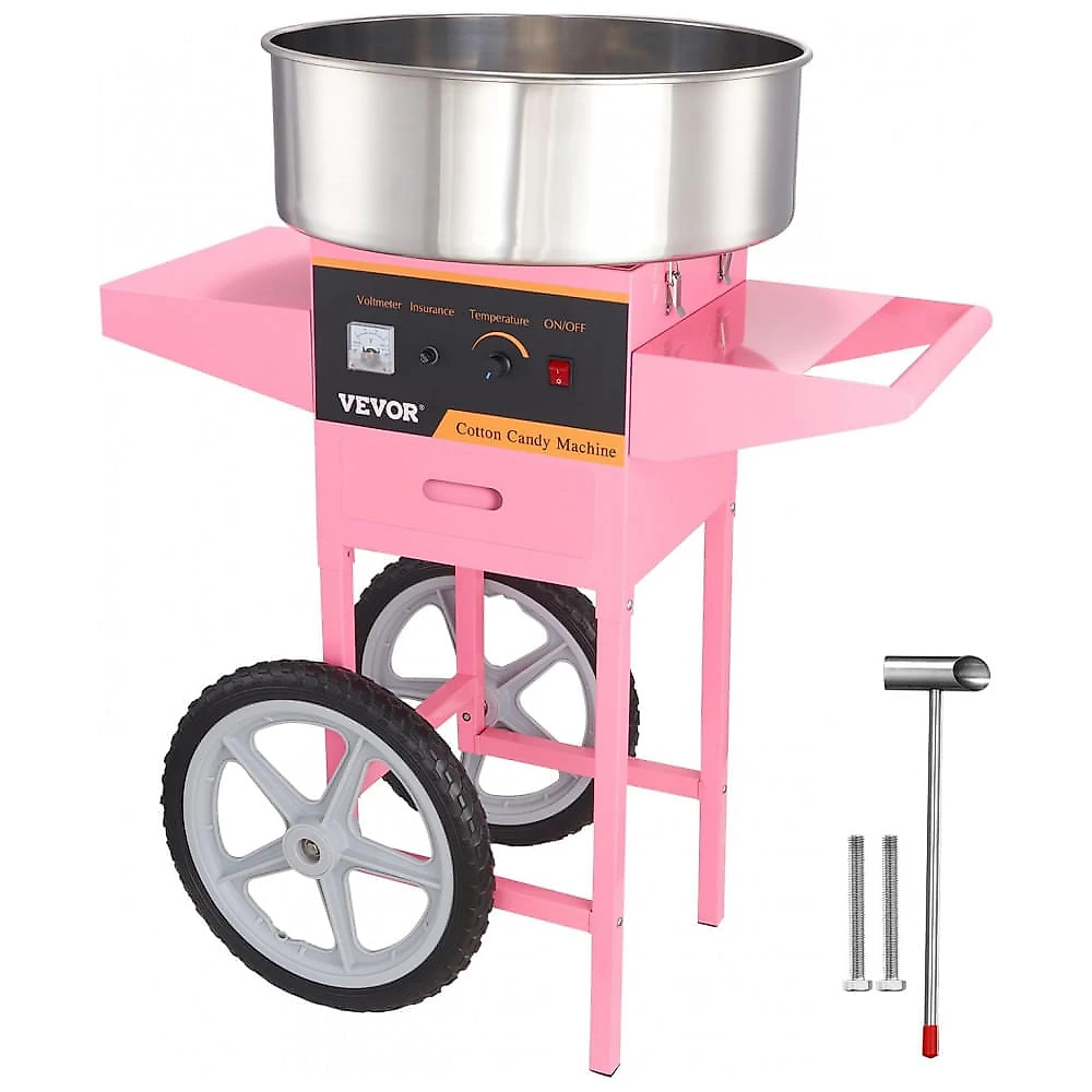 Máquina de Algodão Doce VEVOR com Carrinho 1000W Rosa Produção 6 Cones/min 110V