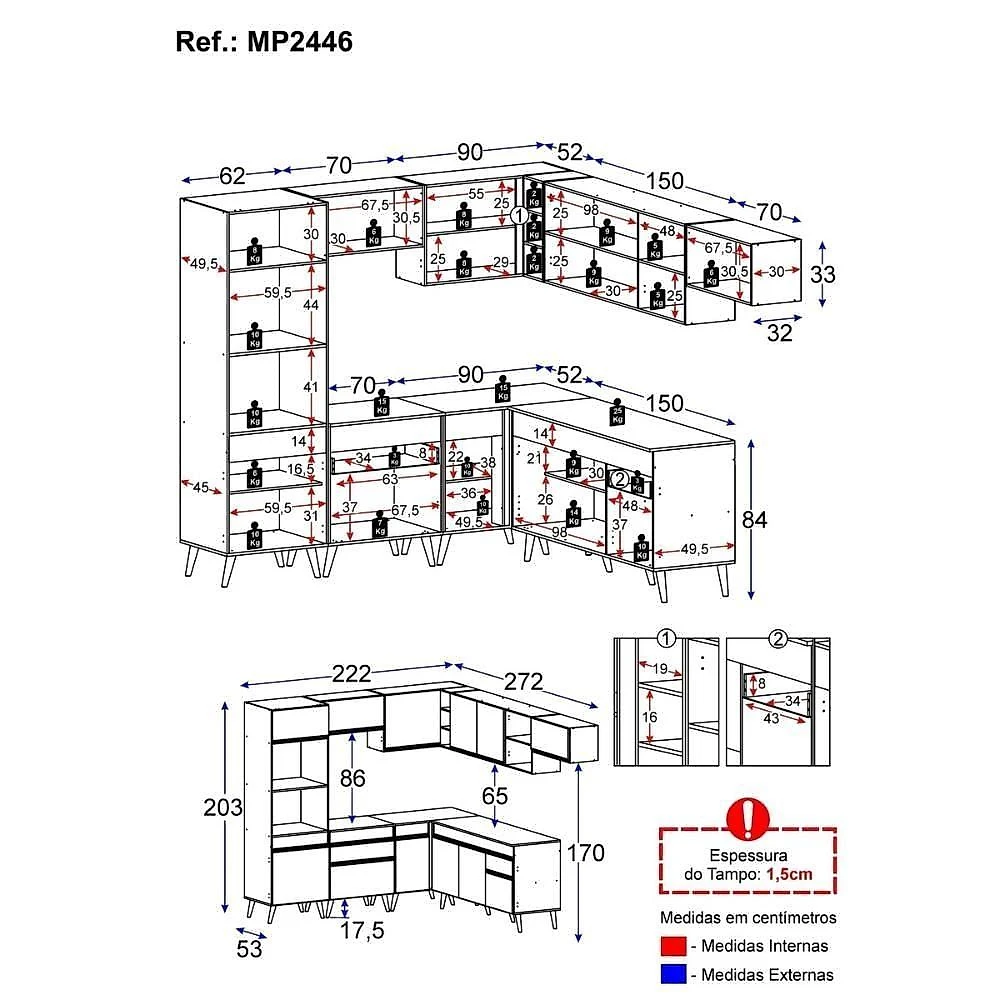 Armário Cozinha Modulada Completa de Canto 12 Portas 2 Gavetas MDP 222CM Preta Multimóveis