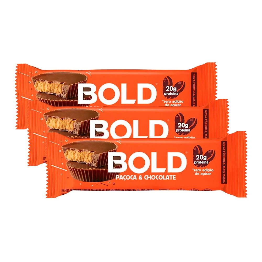 Kit 3 Barra de Proteína Bold Sabor Paçoca e Chocolate 20g de Proteína Zero Açúcar com 60g