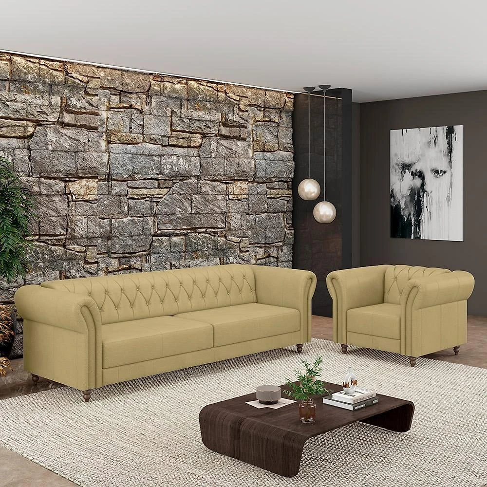 Sofá e Poltrona Stanford Chesterfield 3 Lugares 200cm Couro Bege G58 Gran Belo