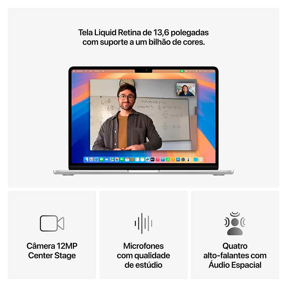 Notebook Apple MacBook Air 13,6" M4 (CPU de 10 núcleos, GPU de 8 núcleos, 16GB RAM, 256GB SSD) - Prateado Bivolt