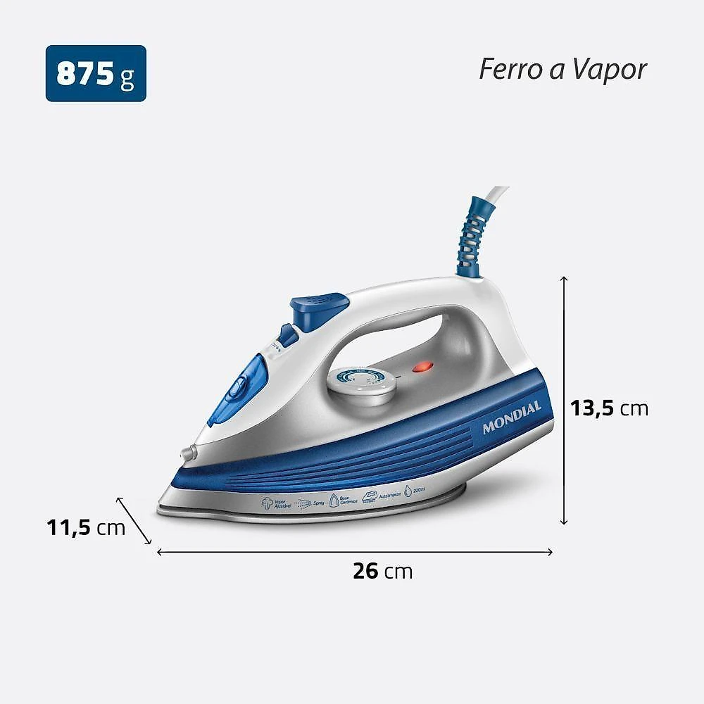 Ferro A Vapor Mondial Base Cerâmica Fvn-01-bl Branco/azul 220 V