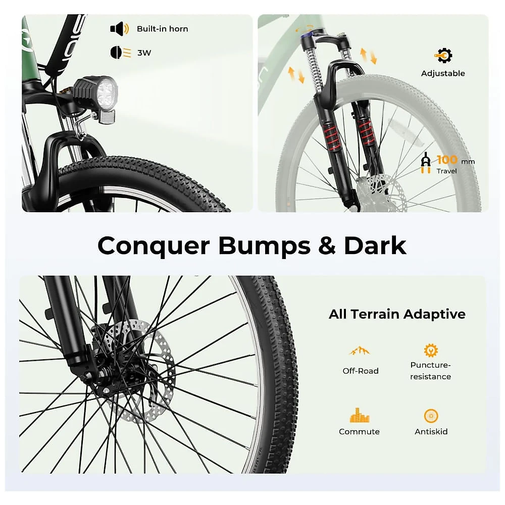 Jasion EB5: Bicicleta Elétrica para Adultos com Motor sem Escova de 500W, Bateria Removível de 360Wh e Suspensão Dianteira - Verde Padrão