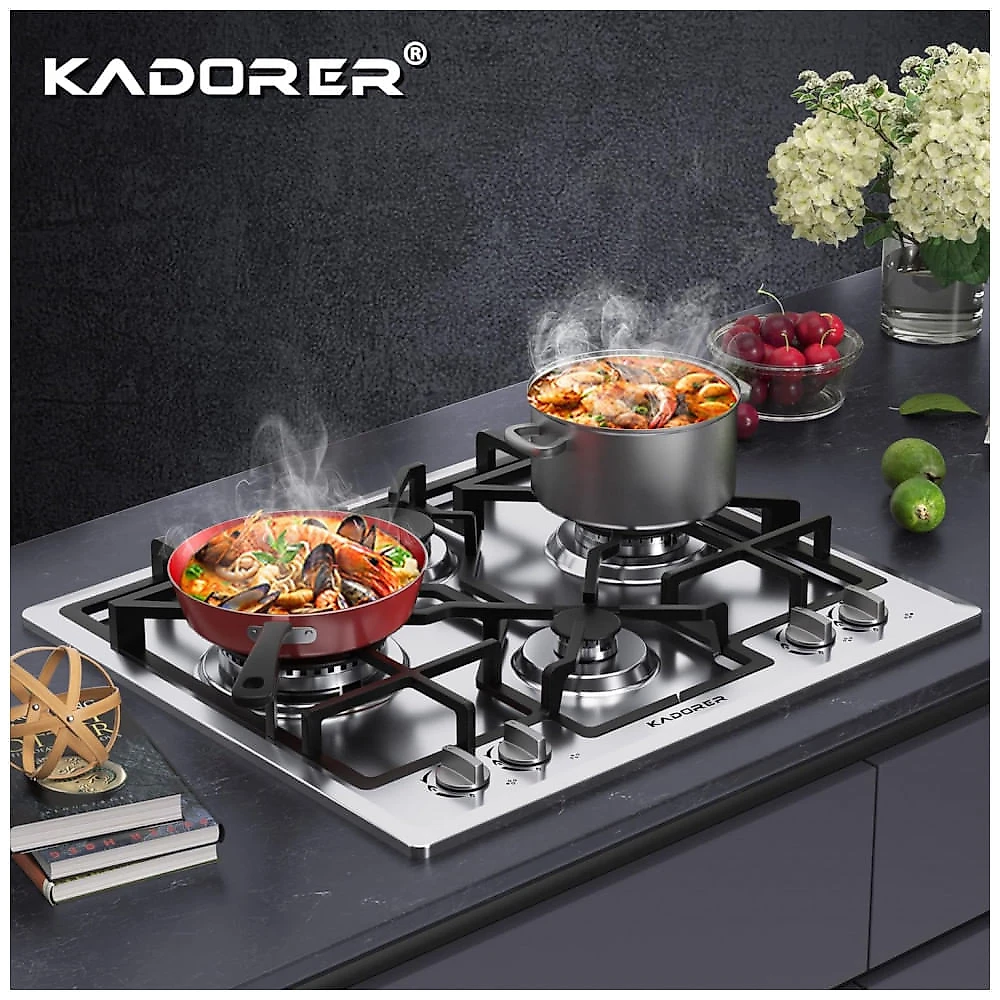 Cooktop a gás de embutir 58 cm Kadorer inox 4 queimadores dupla alimentação GN/GLP proteção termopar acendimento 120V