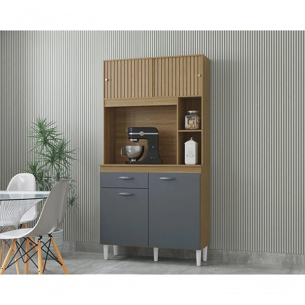 Cozinha Compacta Armário Organizador Duda 90cm Com Gaveta Damasco/ripado Cinza