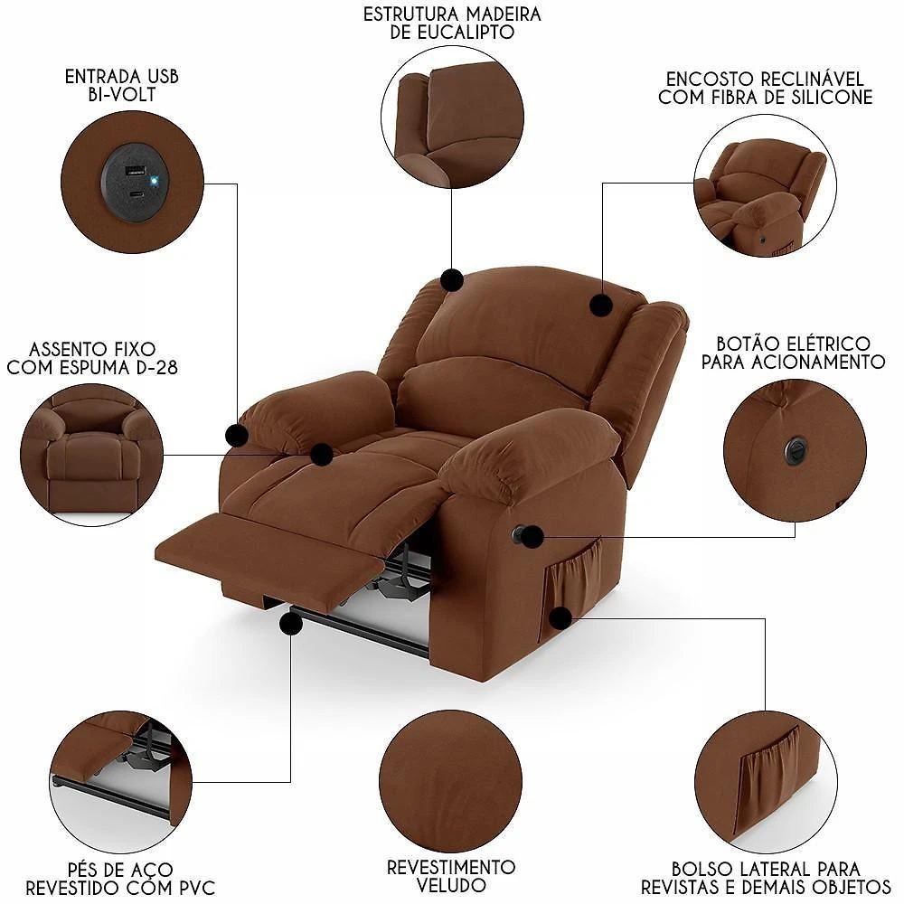 Poltrona Do Papai Reclinável Pietra Power Elétrica Usb Fh9 Veludo Terracota - Mpozenato