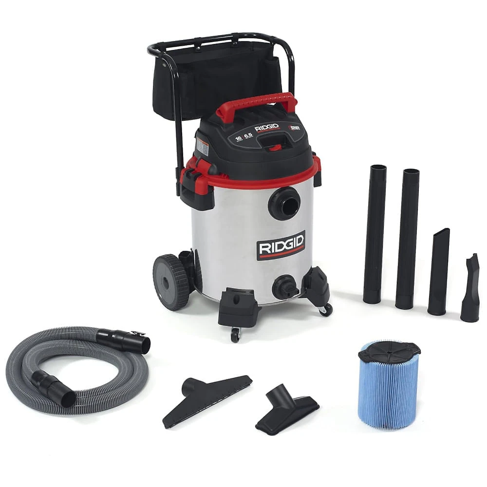 Aspirador de Pó Úmido e Seco em Aço Inoxidável de 60 Litros e Motor de Pico de 6,5 HP, 110V 1440W, RIDGID 1610RV, Prata