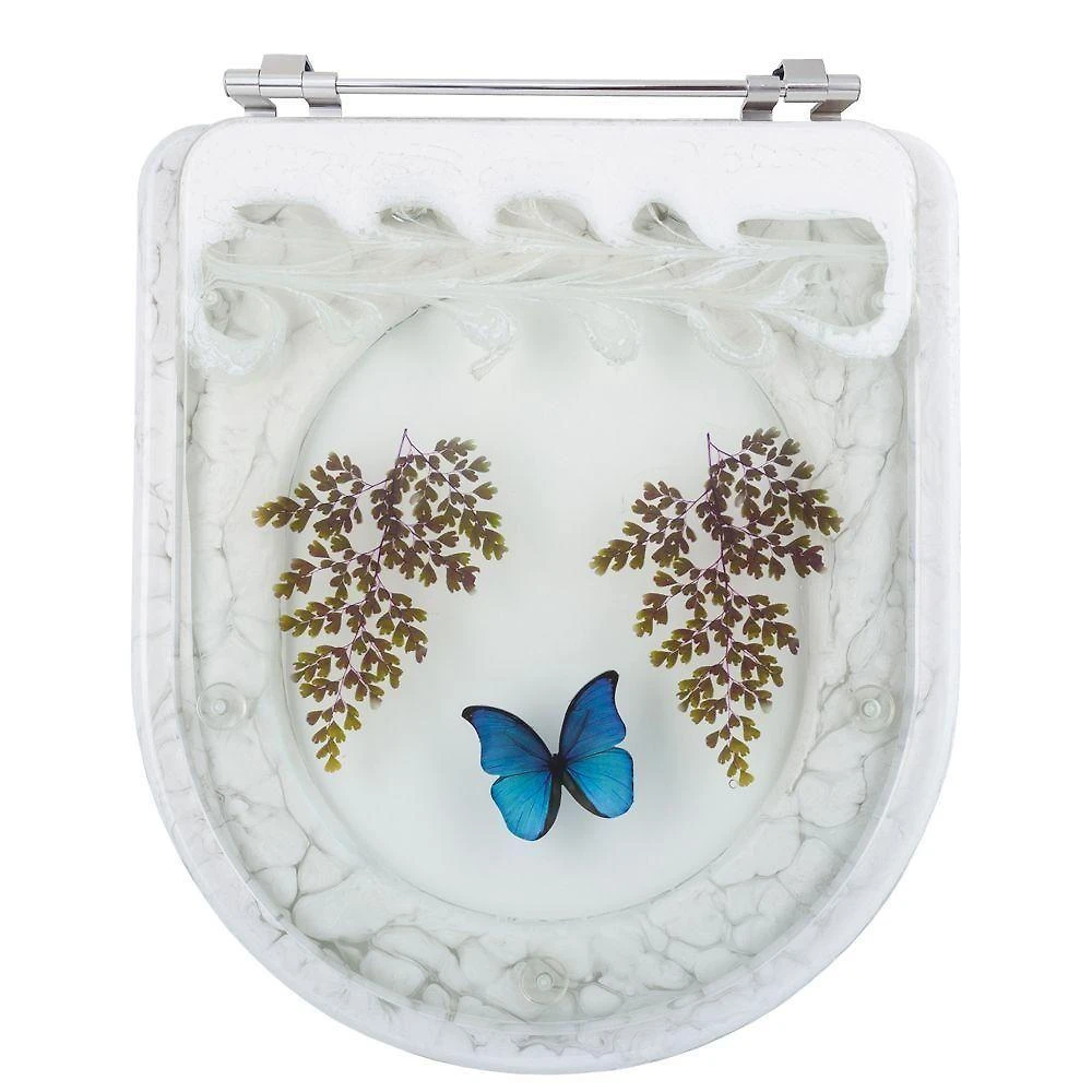 Assento Sanitário Calypso Alongado Resina Plástica Convencional Decorado com Borboleta Azul Branco