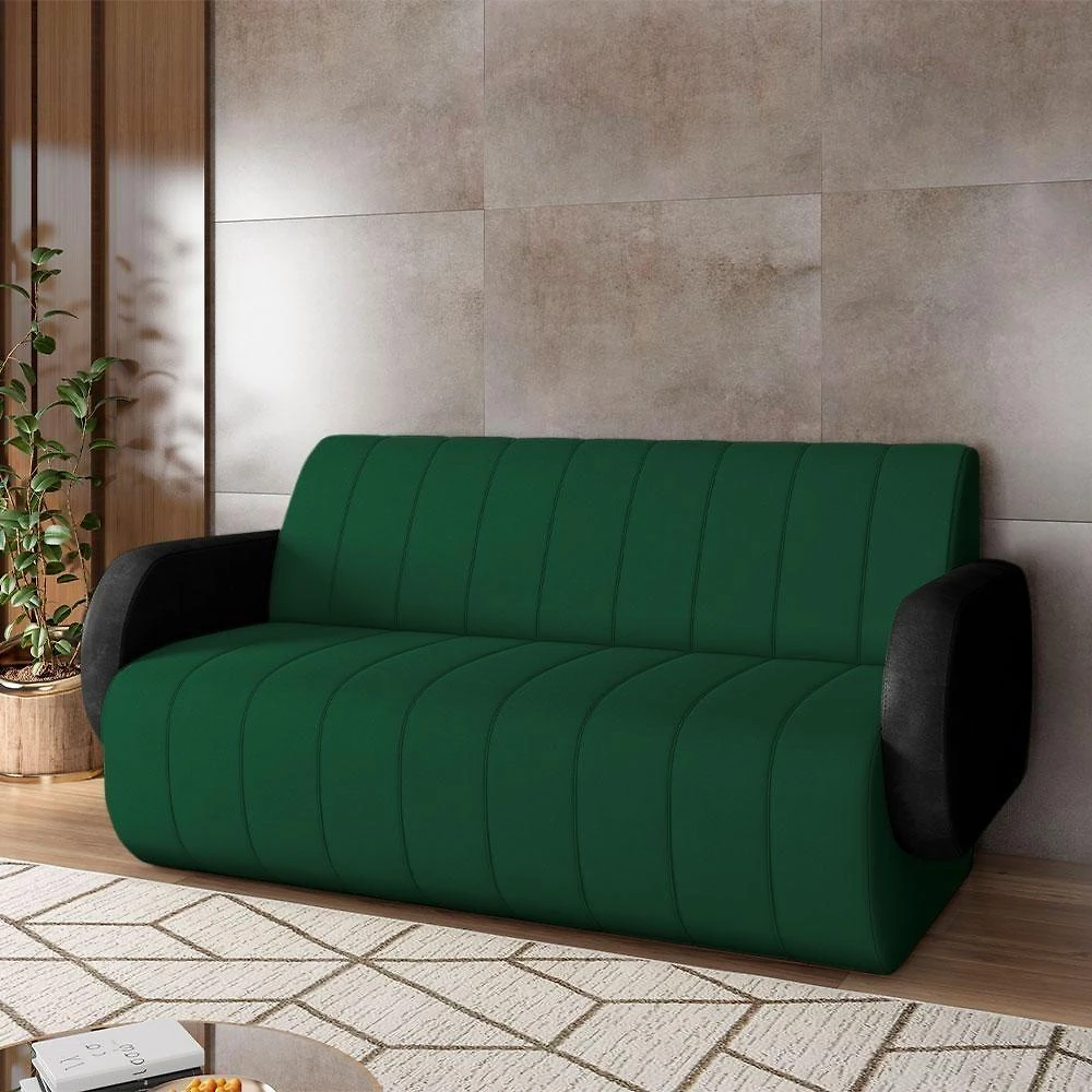 Sofá Bornéu 3 Lugares 188cm Preto e Verde Pu Veludo Gran Belo