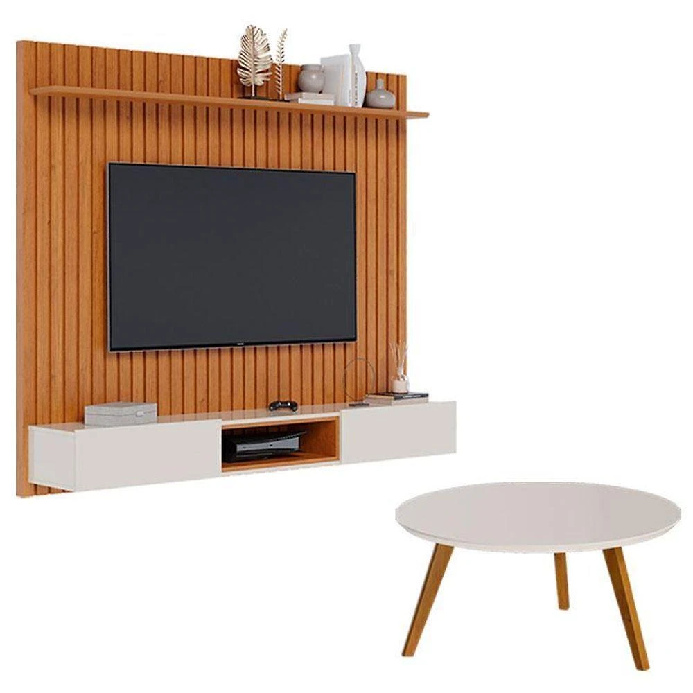 Painel Suspenso Loft 1.8 Com Mesa De Centro Classic Redonda Nature Off White - Imcal