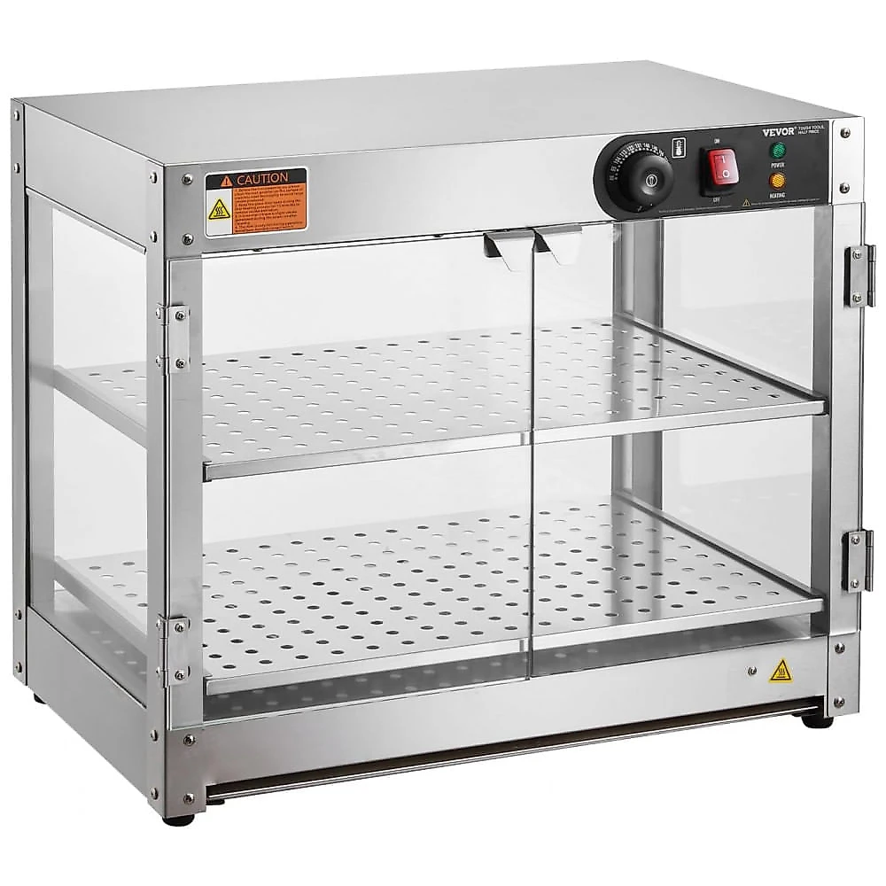Expositor Aquecedor de Alimentos VEVOR Cinza 2 Níveis 61 cm com Iluminação e Capacidade 58L, 220V.