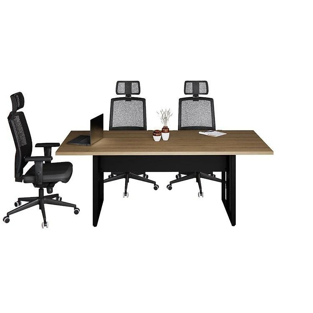 Conjunto para Escritório com Mesa de Reunião 6 Lugares e 2 Armários Baixos com Chave Espresso Móveis Macadâmia/Preto