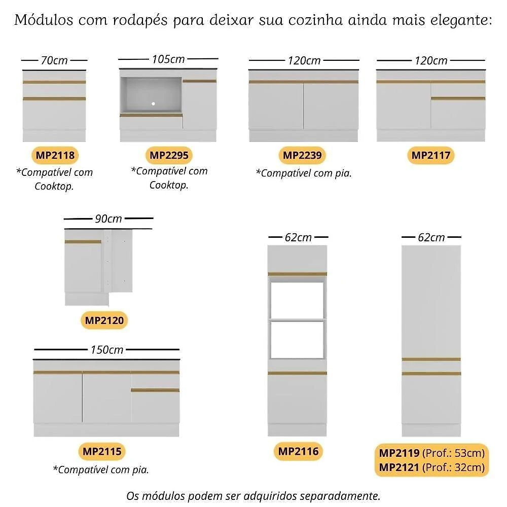 Armário Cozinha Modulada Completa 314cm Com Balcão Veneza Multimóveis Mp3757 Branco/dourado