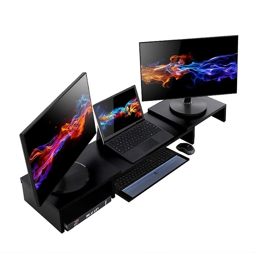Suporte De Mesa Base Elevada Ajustável 3 Monitores Gamer Notebook Preto