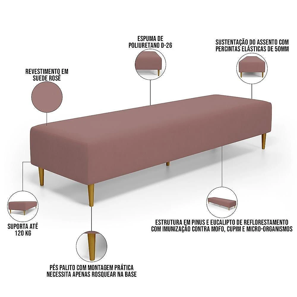 Puff Decorativo Bali W01 Pés Palito 190x60cm Suede Rosê - Lyam Decor