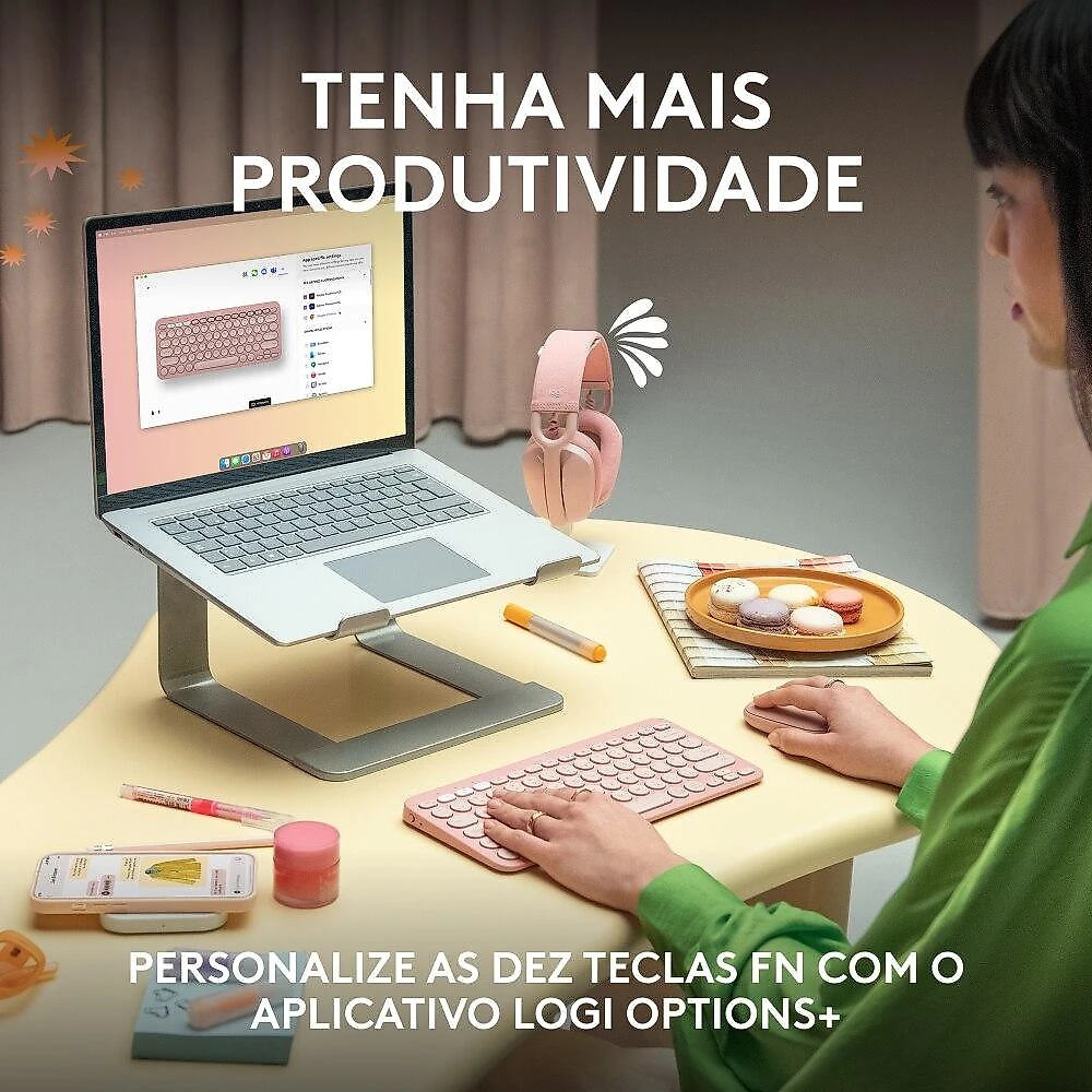 Teclado sem fio Logitech Pebble Keys 2 K380s - Rosa Teclado sem fio Logitech Pebble Keys 2 K380s com Conexão Bluetooth e USB Logi Bolt, Easy-Switch para até 3 dispositivos e Pilha Inclusa - Rosa