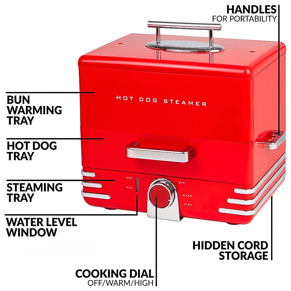 Máquina de Hot Dog Retrô até 20un Por Vez em Aço Inoxidável, 110V, Nostalgia, Vermelha