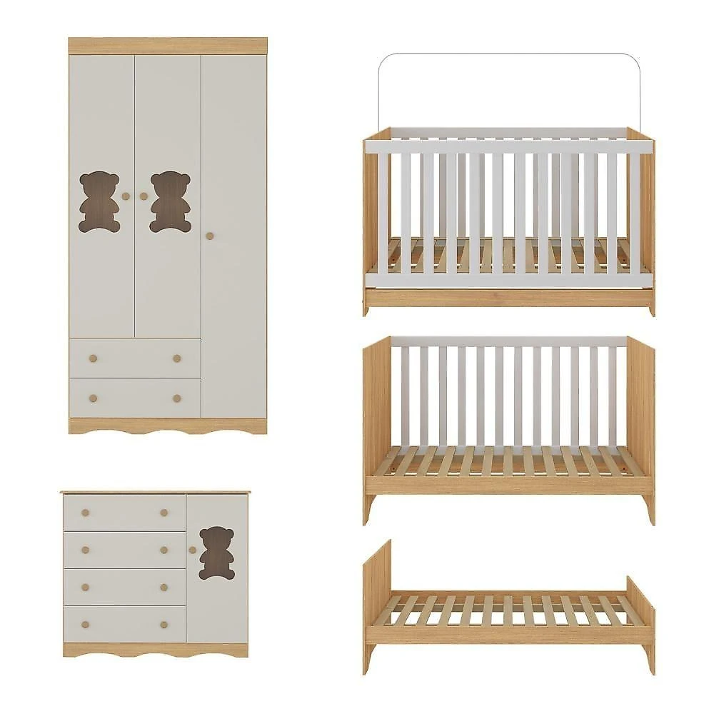 Quarto De Bebê Completo Berço Americano 3 Em 1 Colchão Doçura Multimóveis MP4670 Madeirado-off White