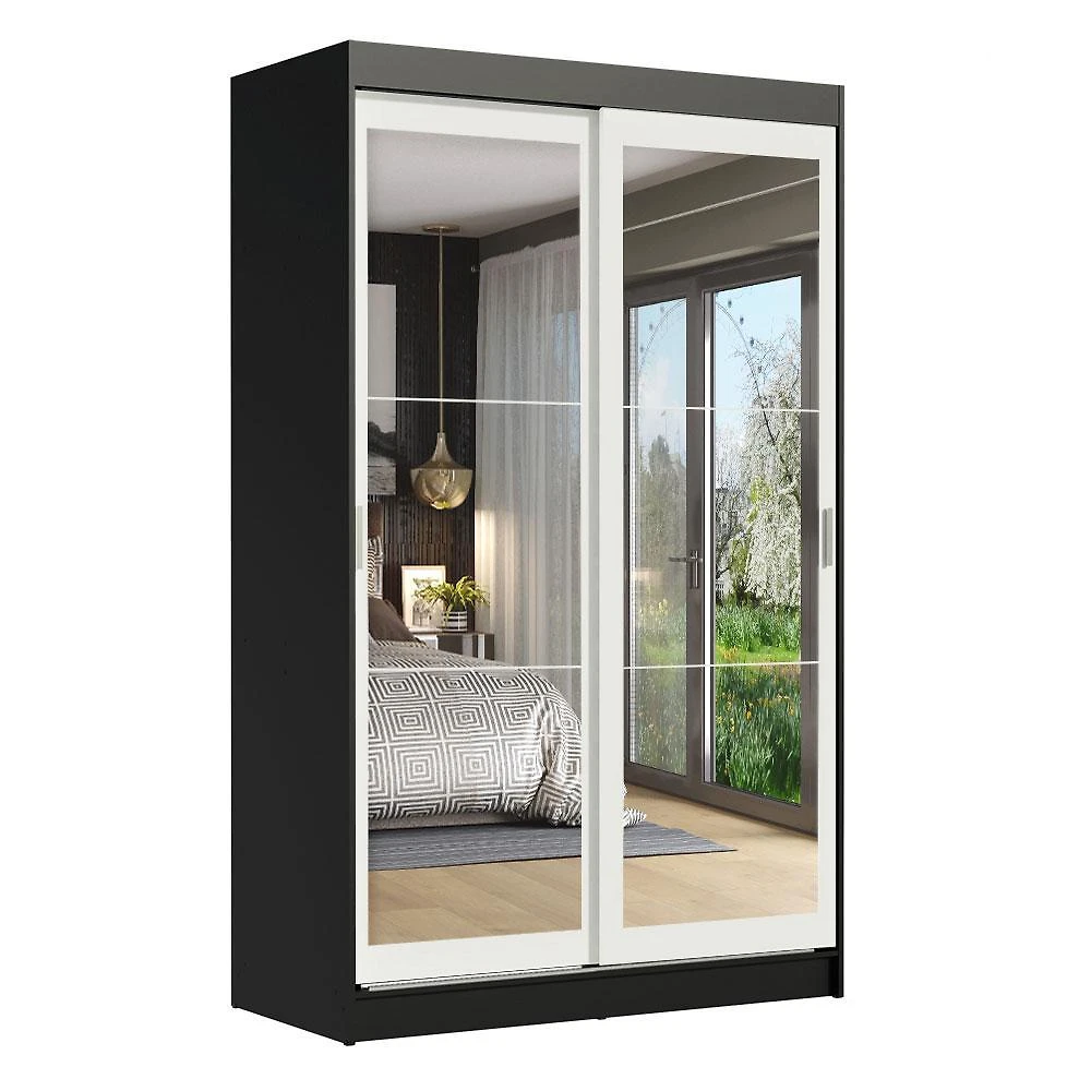 Guarda-roupa solteiro madesa tokio 2 portas de correr de espelho 2 gavetas - preto/branco