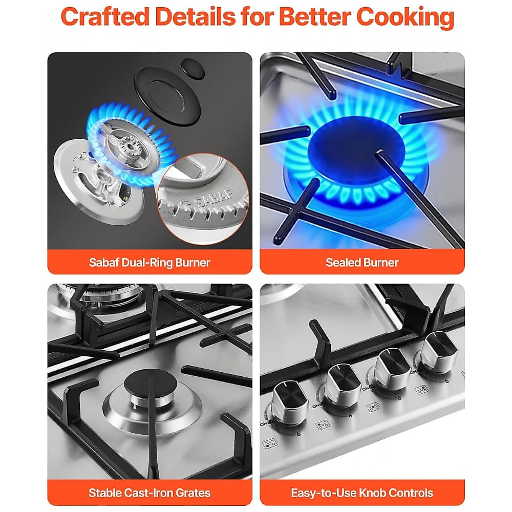 Cooktop a gás 5 bocas VEVOR vidro temperado preto e inox embutir conversível GN/GLP queimadores selados 110V