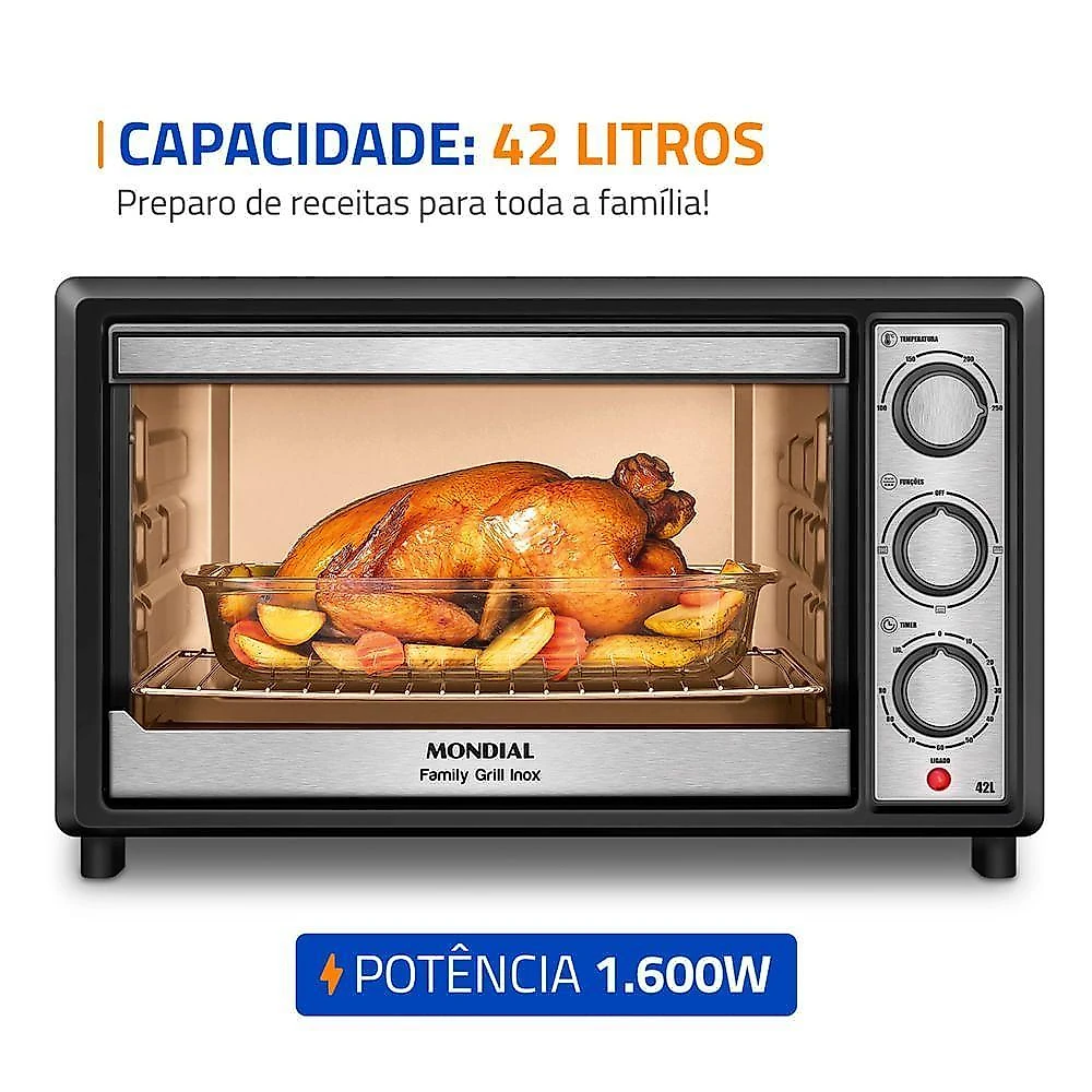 Forno Elétrico de Bancada Mondial FRN-42-BI 42L 1600W com Grill Preto 110V