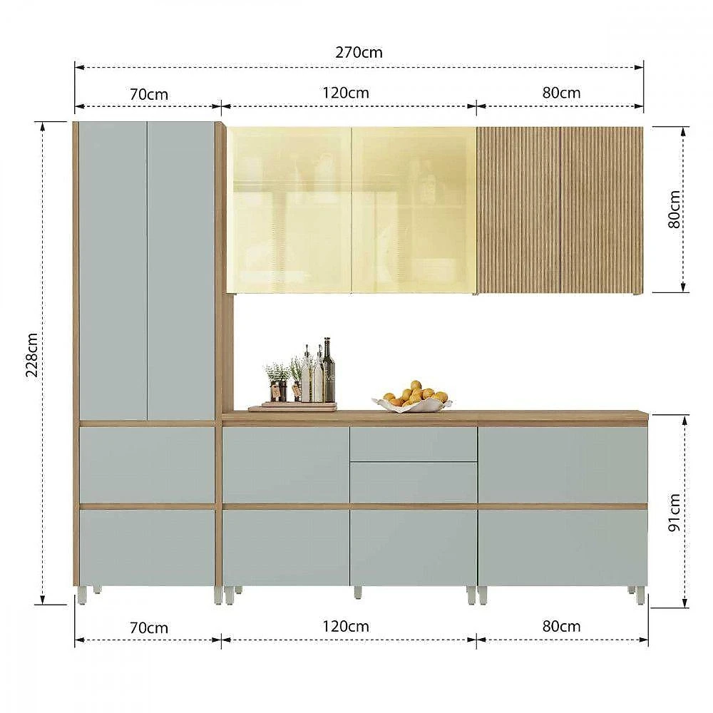 Cozinha 5 Peças Rainha 2 Portas 7 Gavetas MDF Nature e Verde Nesher Móveis webcontinental-7899766223418