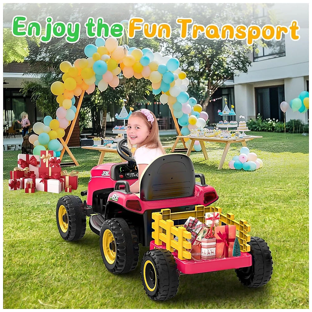 Trator Infantil Elétrico ANPABO Rosa 24V, Trailer Basculante Removível, Pneus EVA, Controle Remoto com Som Realista e Bluetooth